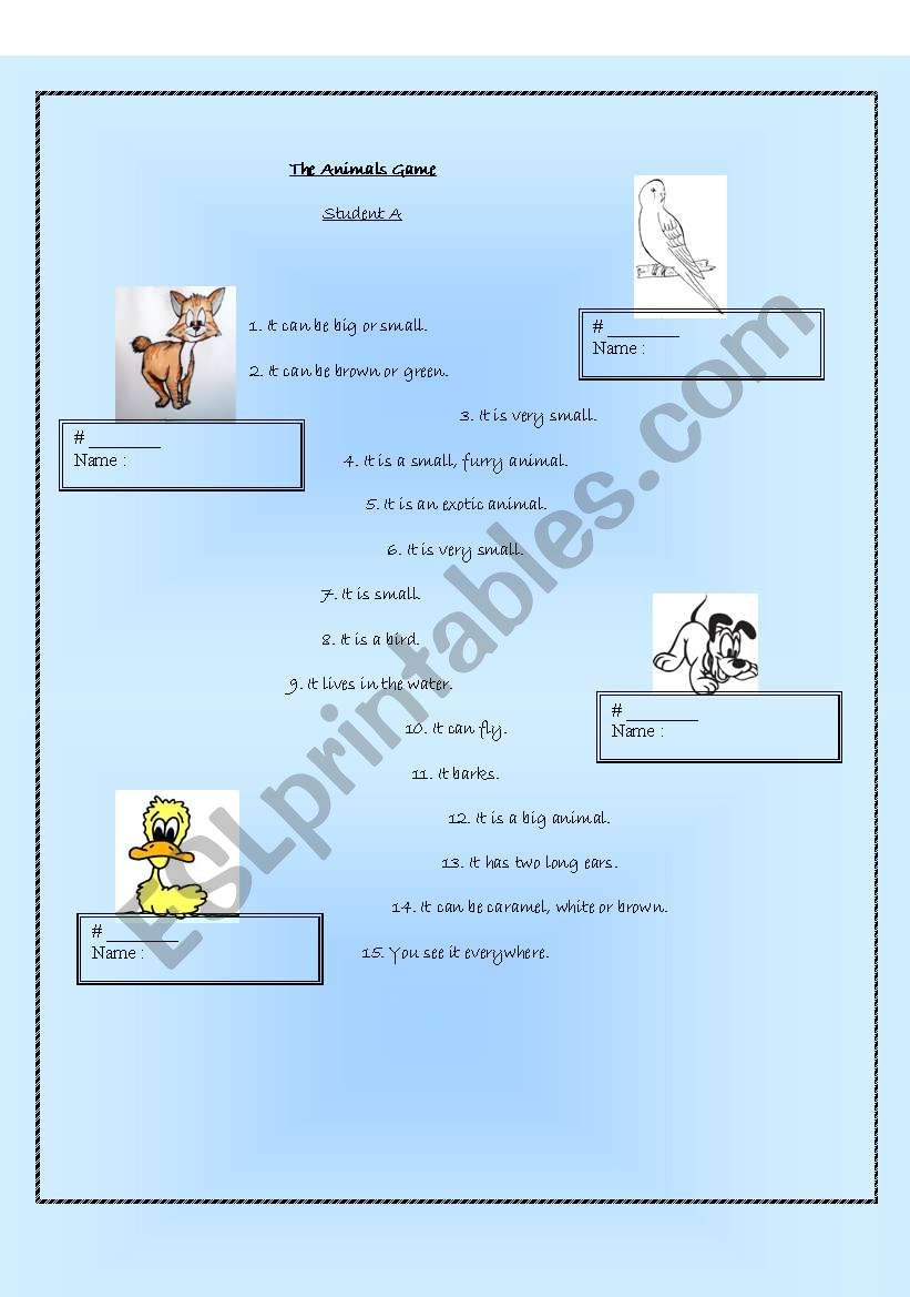 The Animals Game (student A and B)