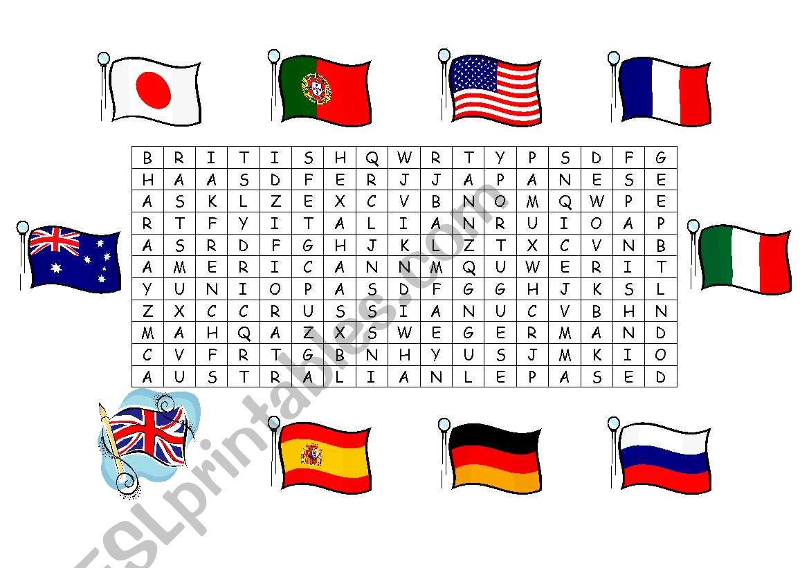 countries nationalities flags wordsearch