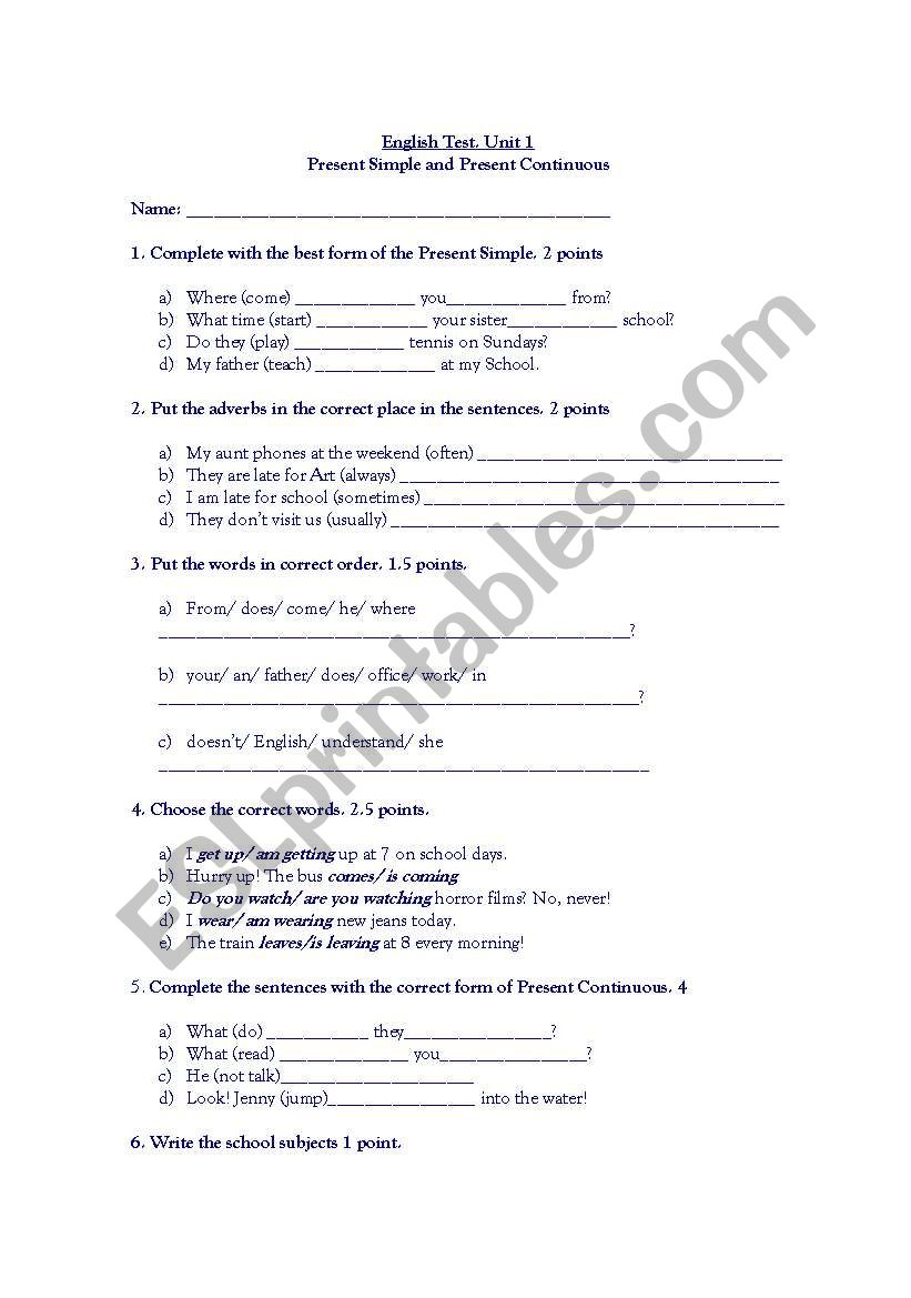 Test. Simple present and Present Continuous