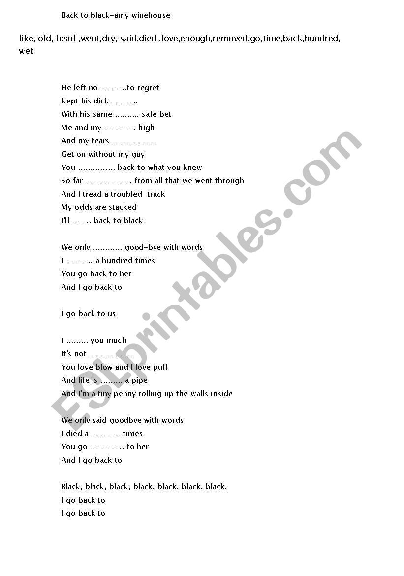 back to black-Amy Winehouse worksheet