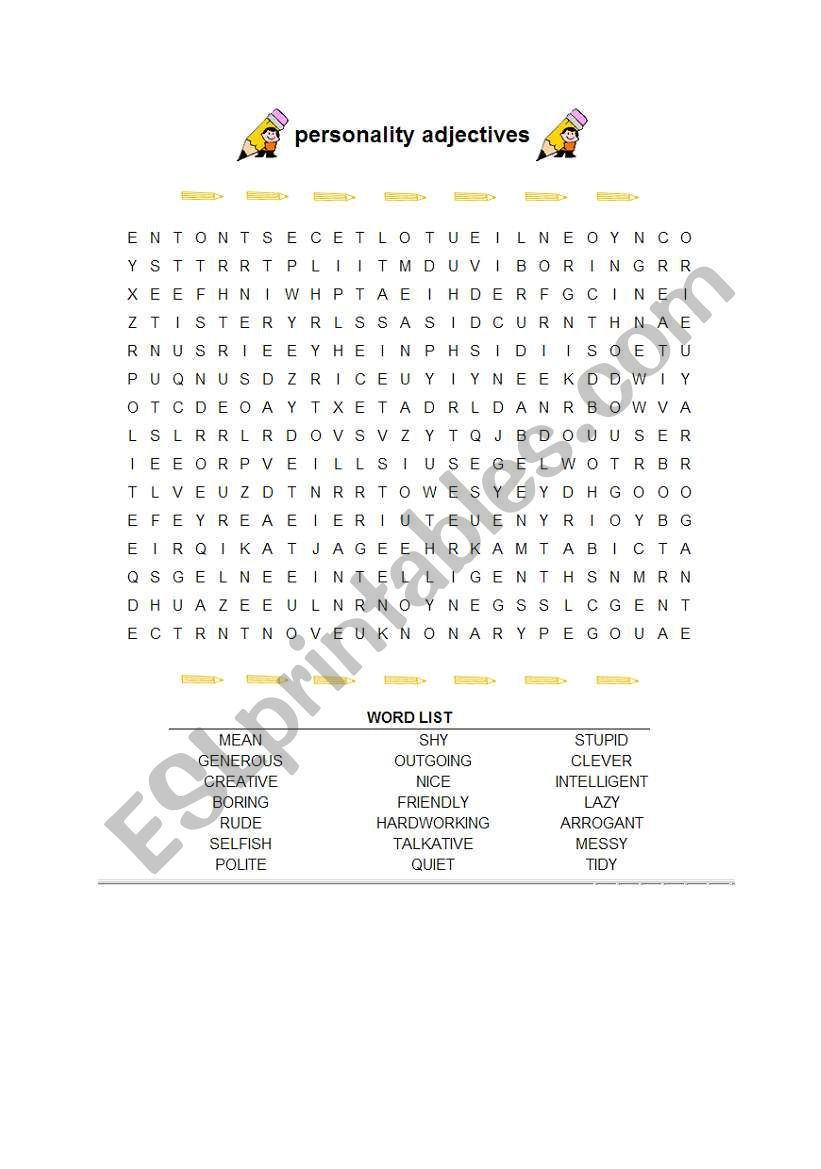 personality adjectives wordsearch