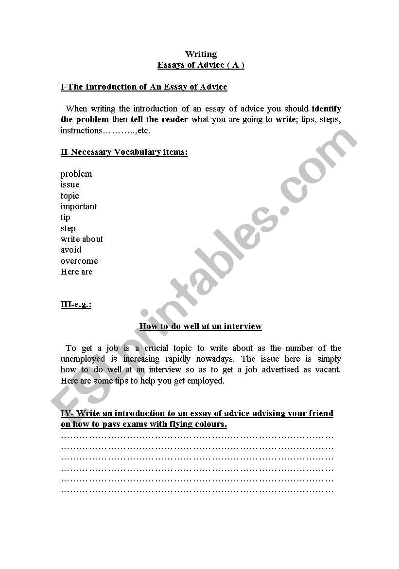 Essays of Advice worksheet