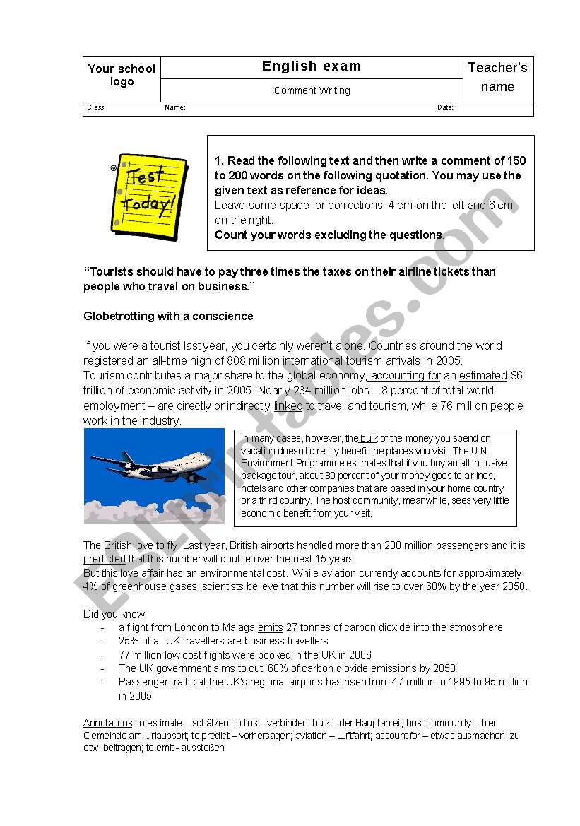 Exam: comment writing on the subject of environment