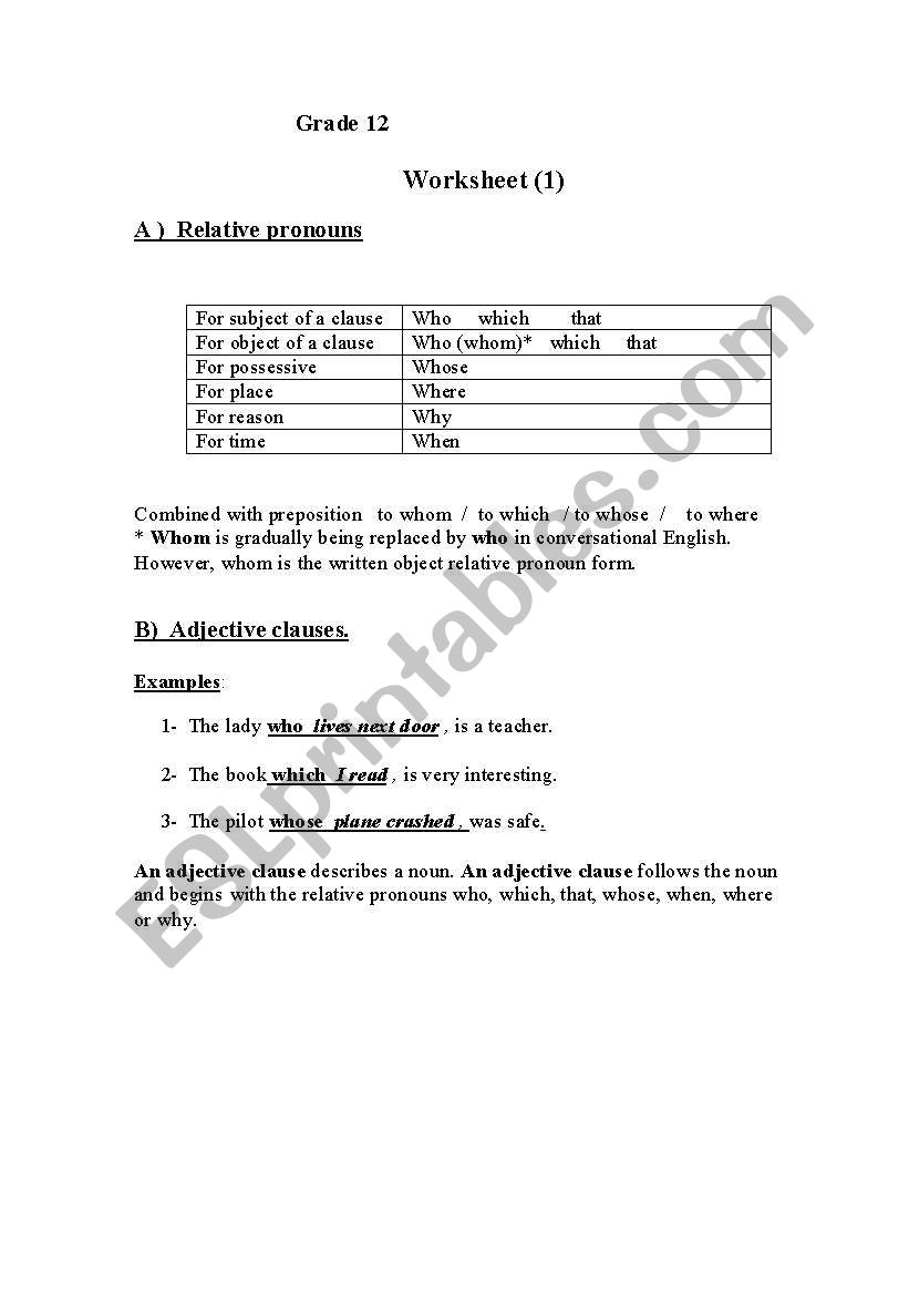 relative pronoun and clause worksheet