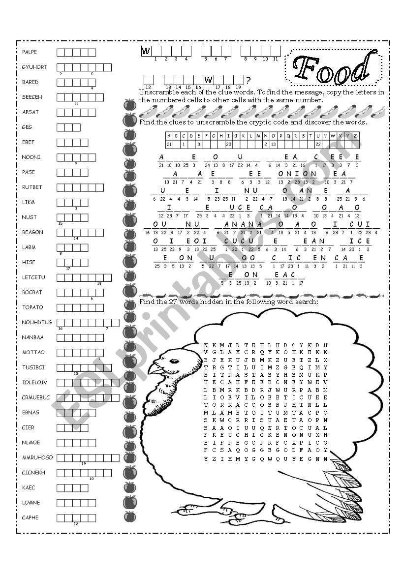 Food unscramble games worksheet