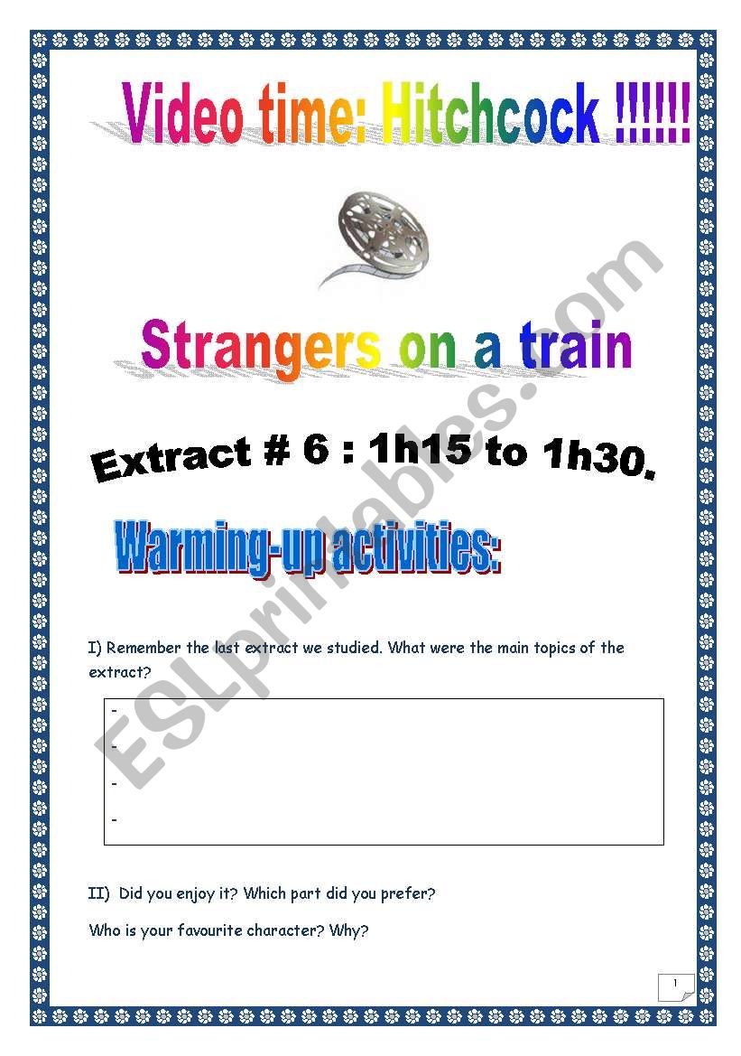 Video time! STRANGERS ON A TRAIN by Alfred HITCHCOCK - Extract # 6 (14 tasks, 7 pages, KEY included)