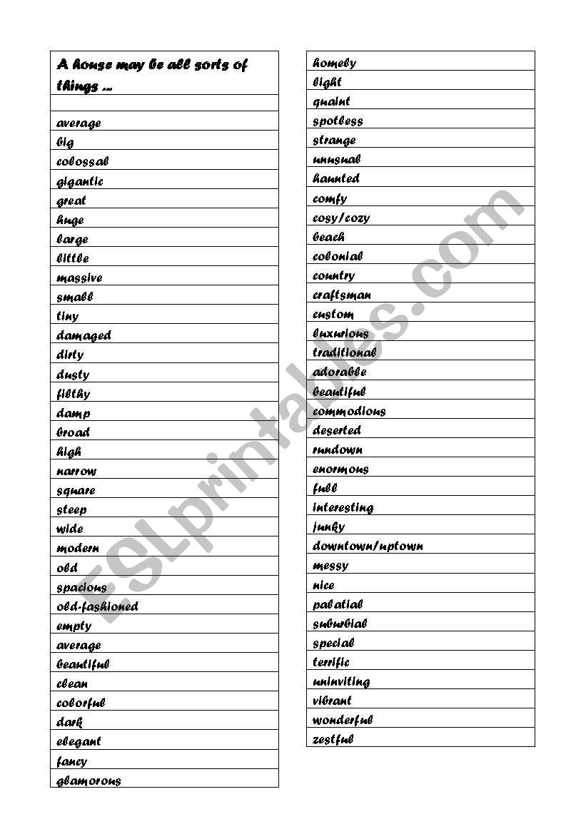 housing adjectives - describing a house