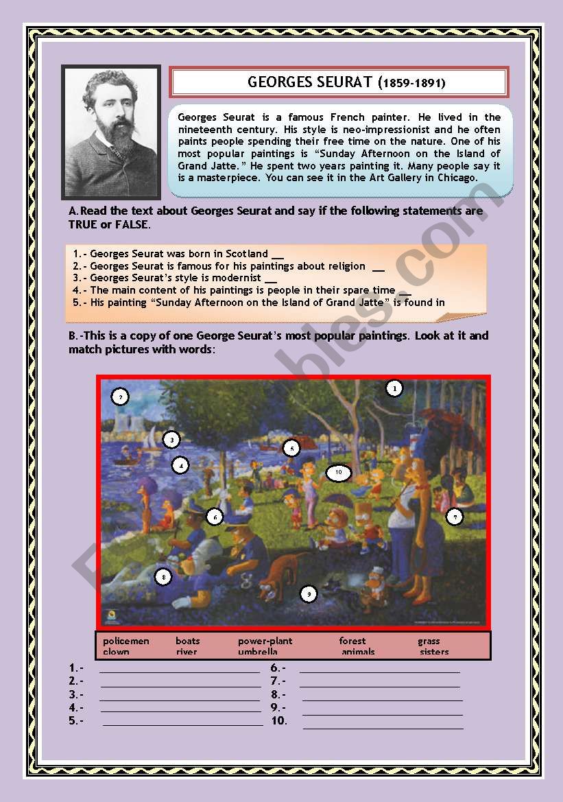 PLACE PREPOSITIONS; SEURAT AND THE SIMPSONS (3 PAGES)