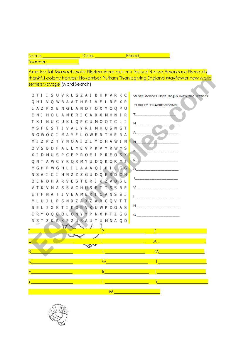 Thanksgiving word search, word creator and word scramble