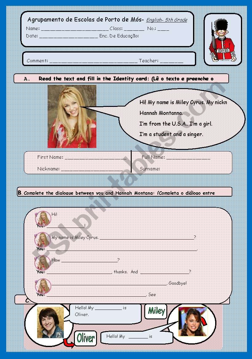 ID test- Hannah Montana 1/2 worksheet