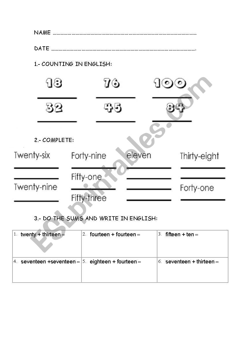 numbers worksheet