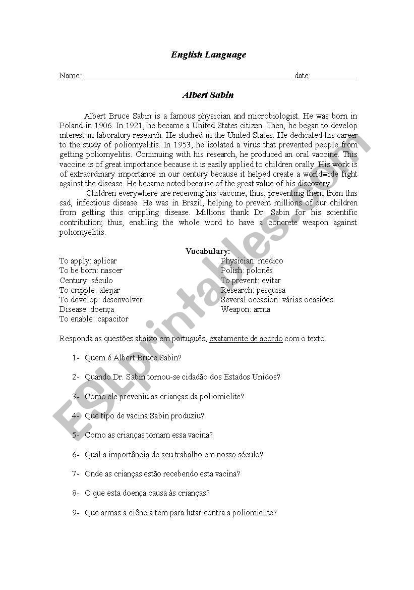 text: ALBERT SABIN worksheet