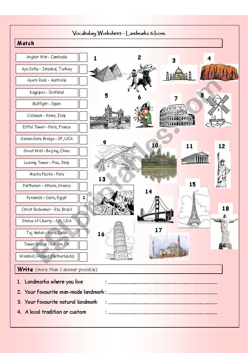 Vocabulary Matching Worksheet - LANDMARKS & national icons