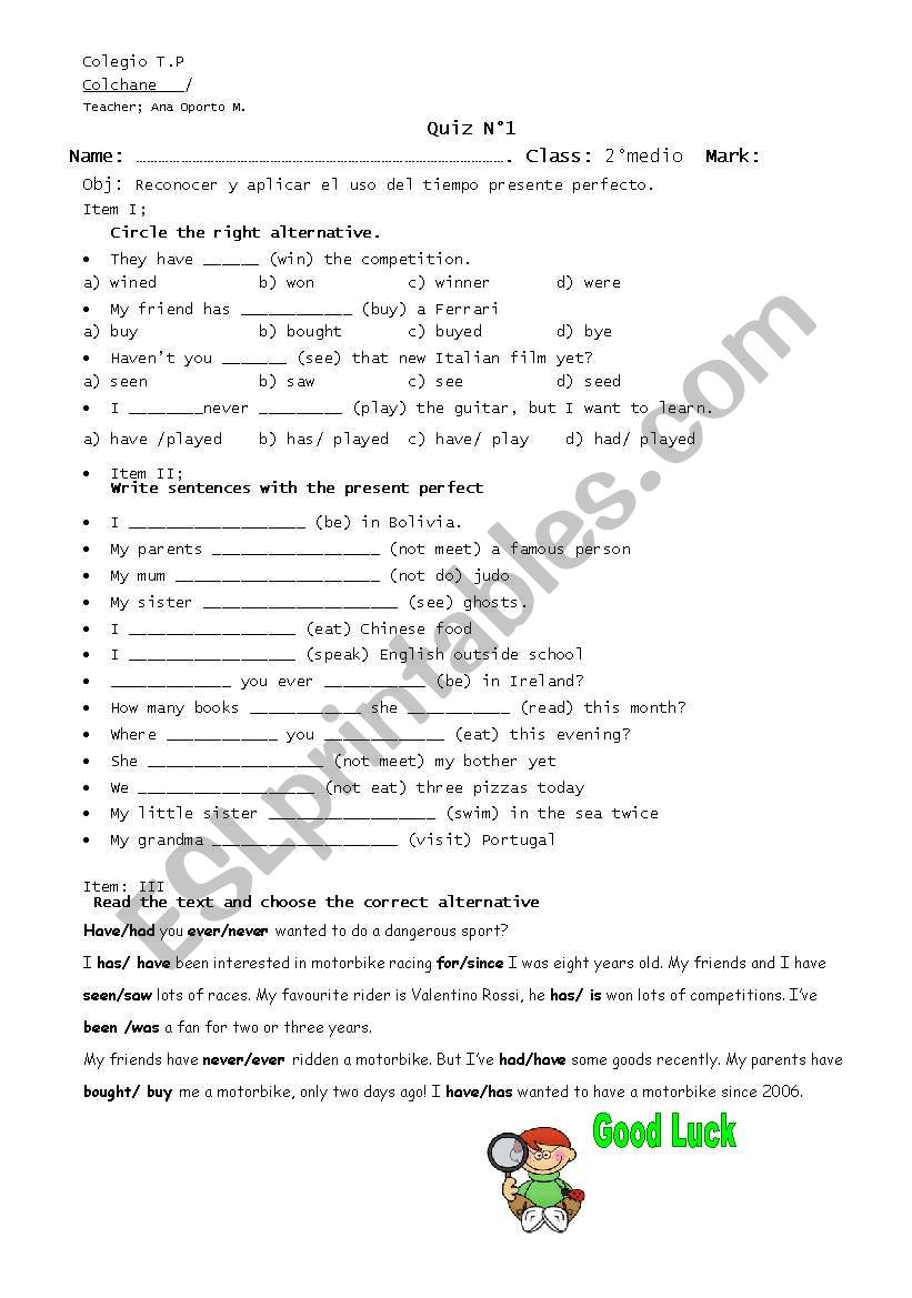 quiz present perfect worksheet