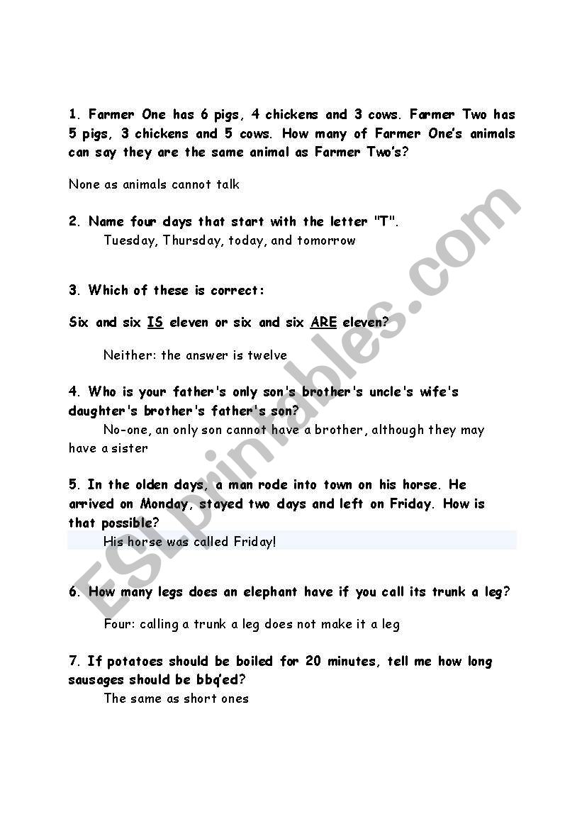 Brain Teasers/Funny IQ Test - ESL worksheet by tw_karen