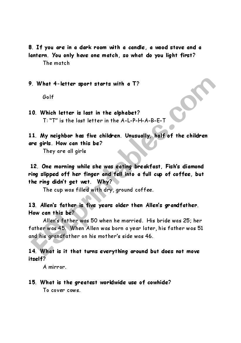 Brain Teasers/Funny IQ Test - ESL worksheet by tw_karen Brain Teasers/Funny IQ Test - ESL worksheet by tw_karen
