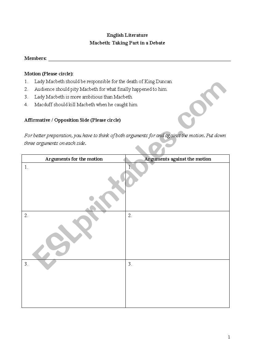 Debate on Macbeth worksheet