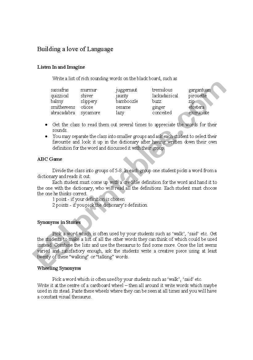 Building a love of Language worksheet
