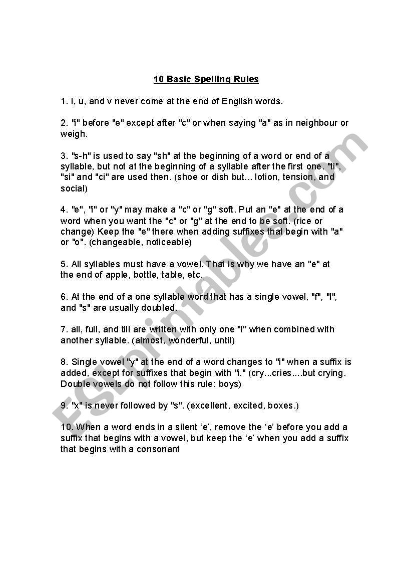 10 Basic Spelling Rules worksheet