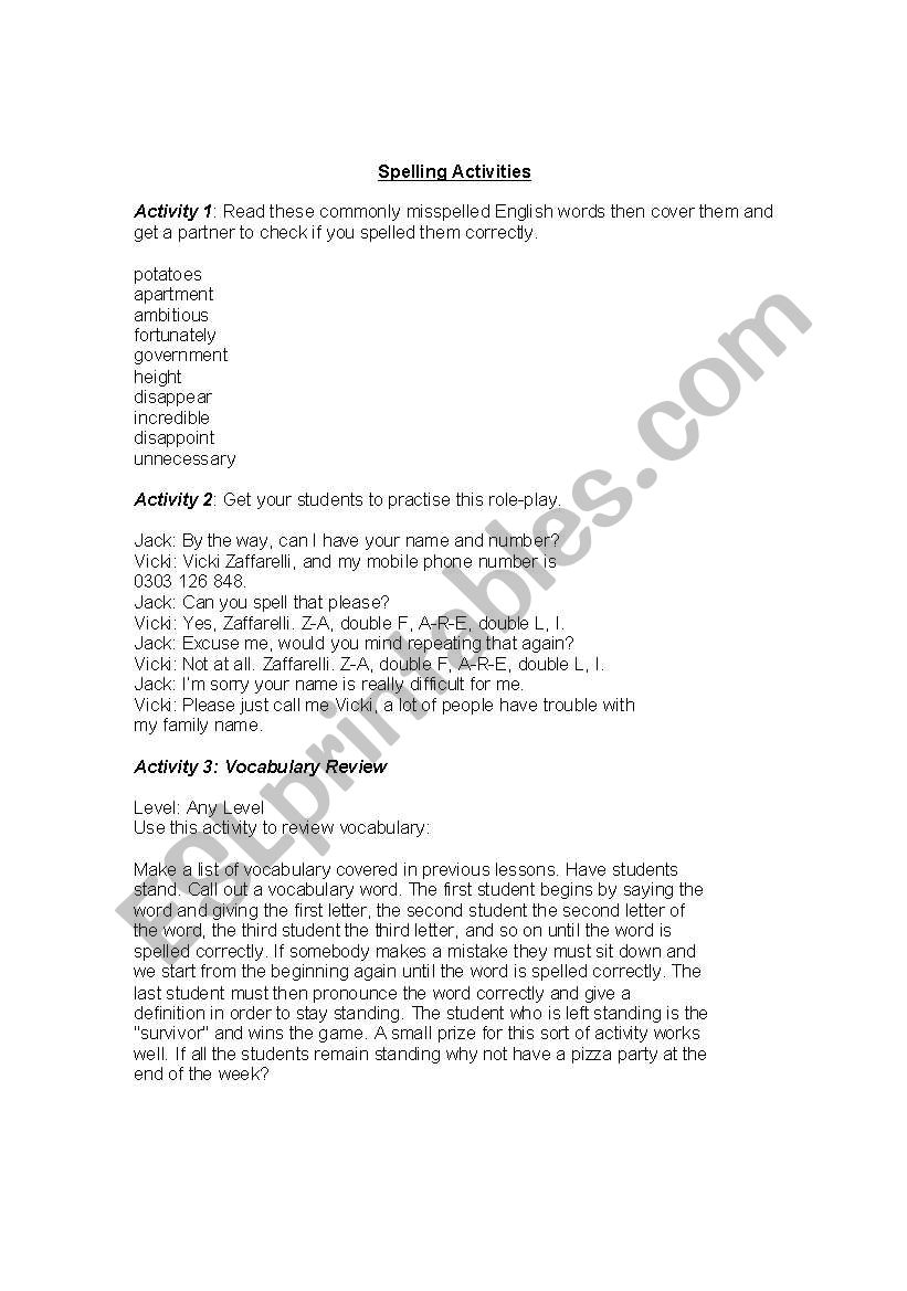 General vocabulary activities worksheet