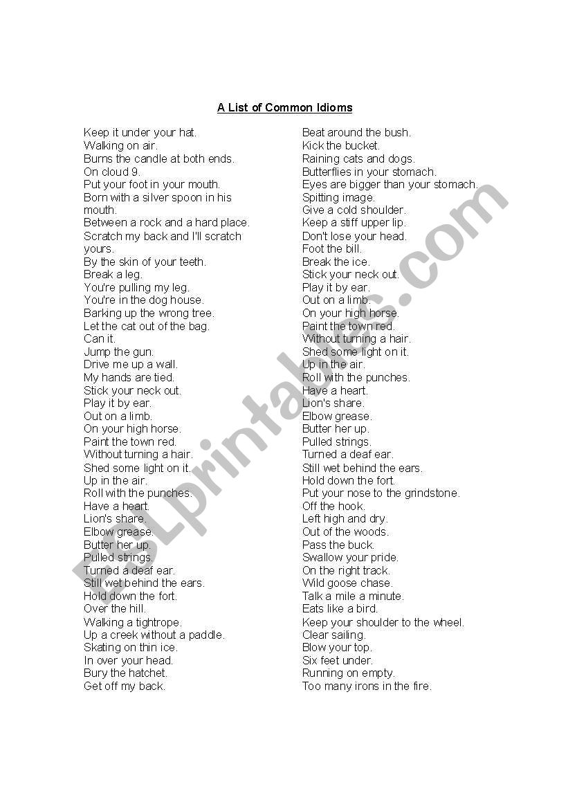List of common idioms worksheet