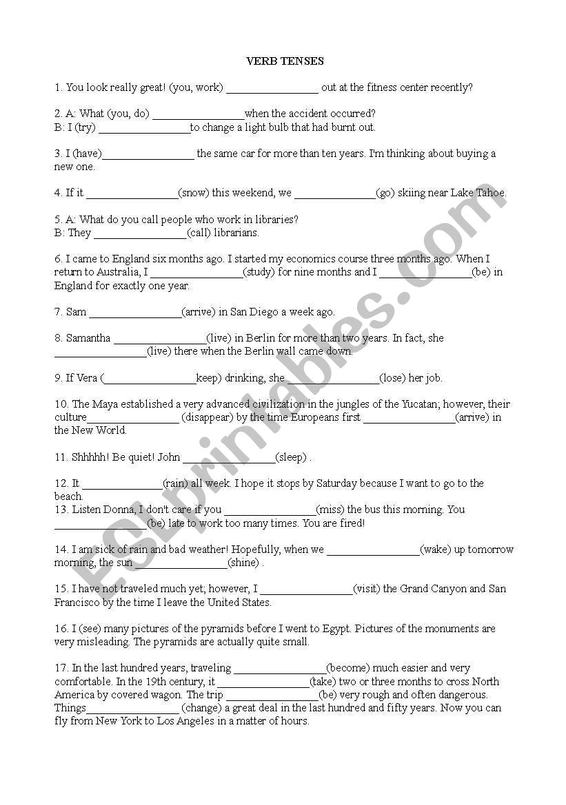 verb tenses review worksheet