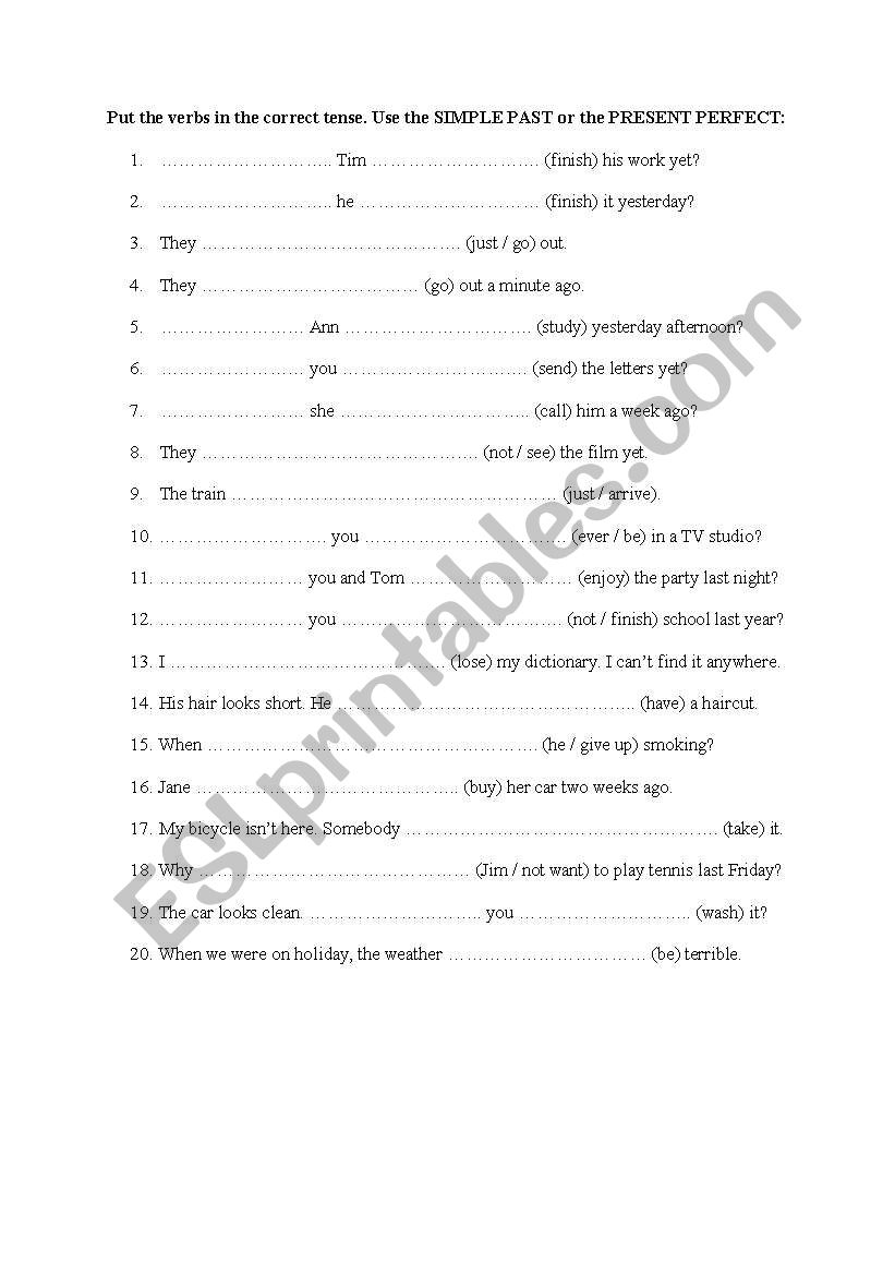 past or perfect worksheet