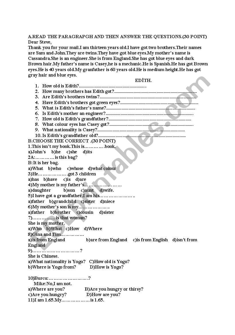 SIMPLE PRESENT TENSE EXAM, worksheet