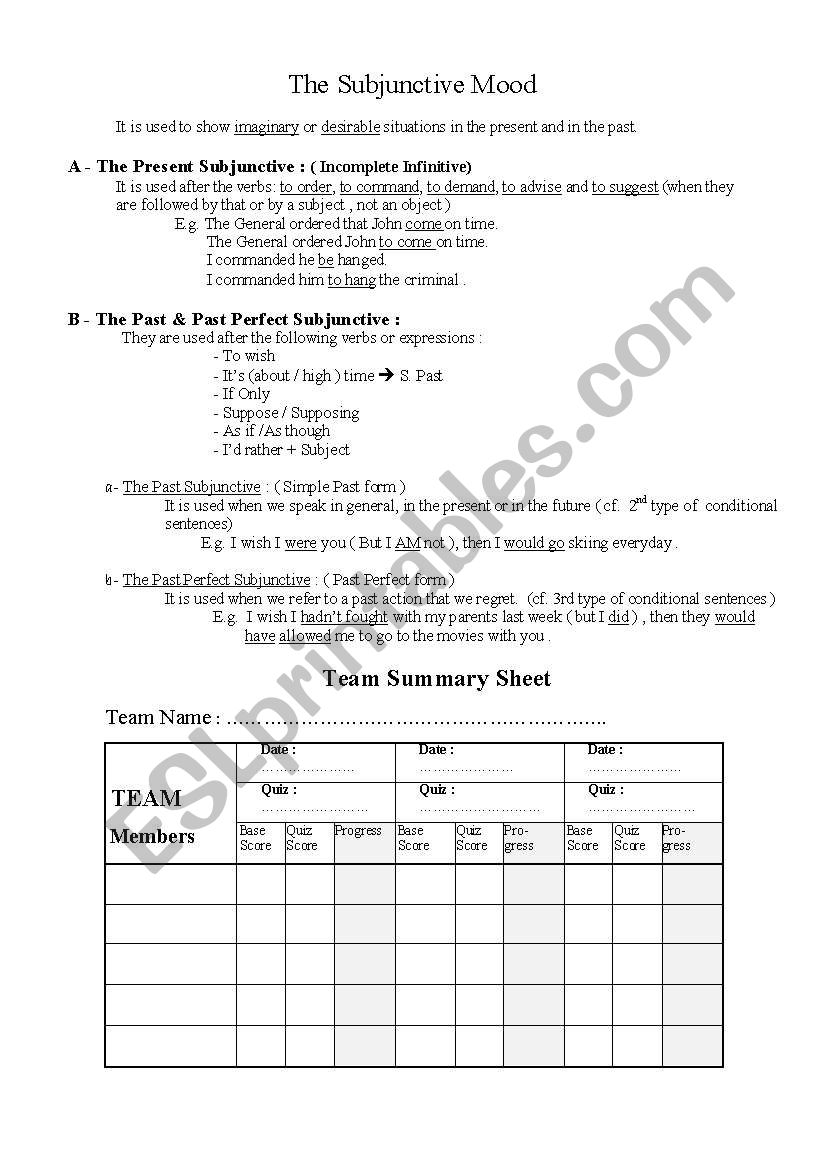 SUBJUNCTIVE MOOD worksheet