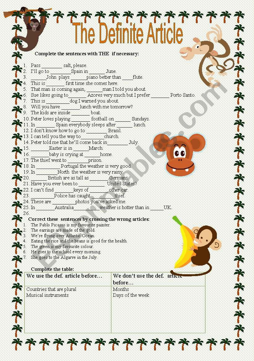 the definite articles worksheet