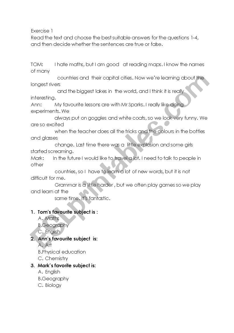 Reading about school worksheet