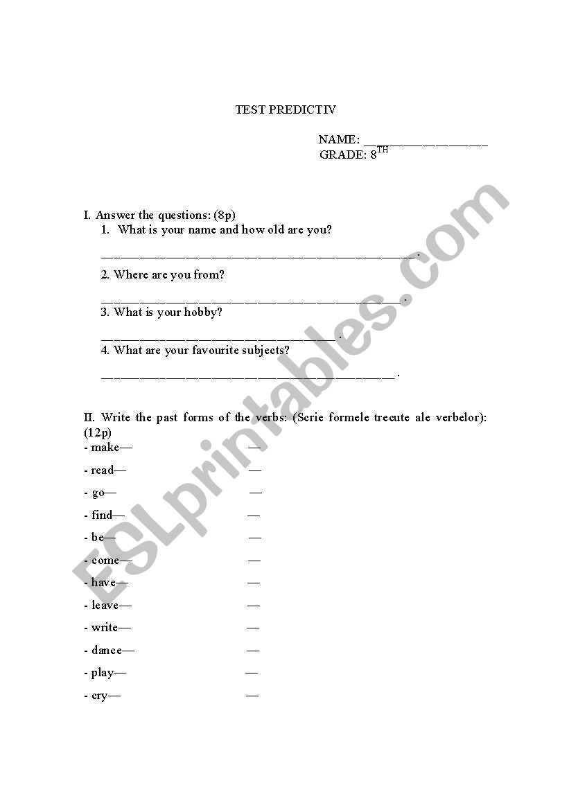 predictive test form8th worksheet