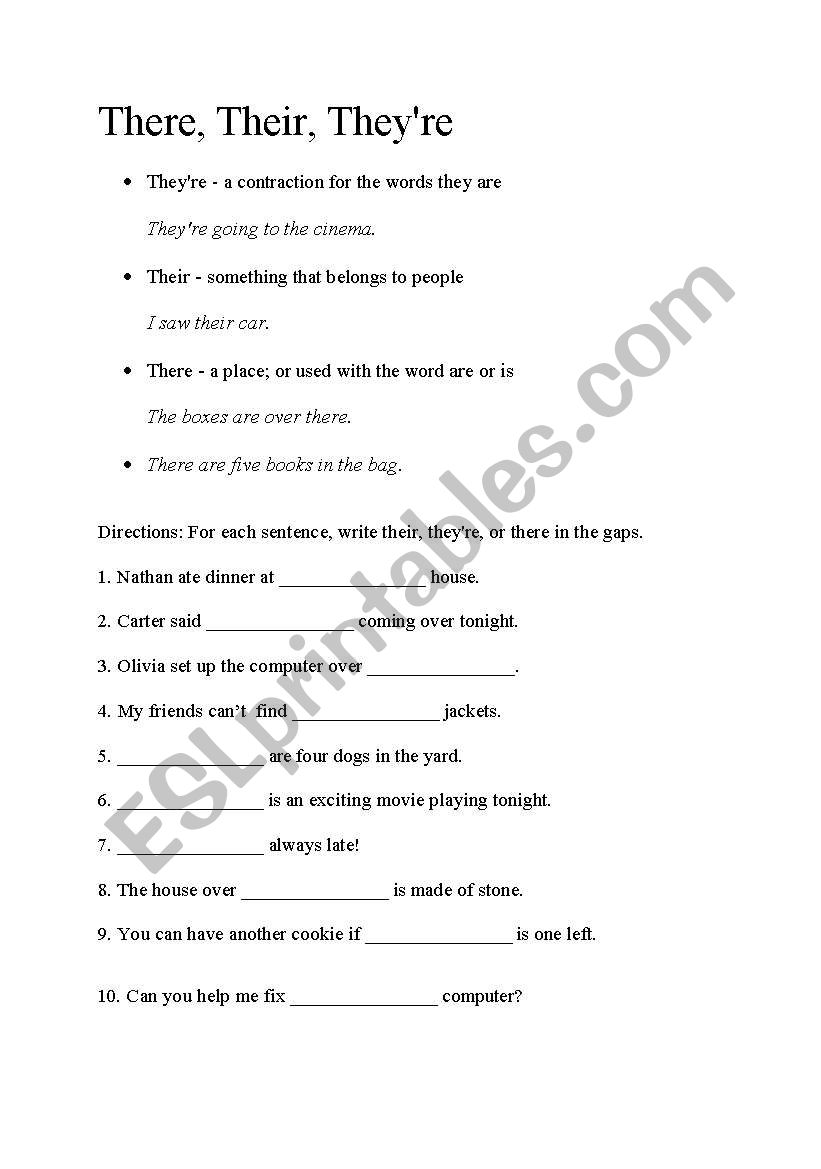 There, Theyre, Their worksheet