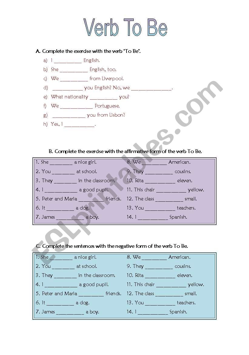 To Be worksheet