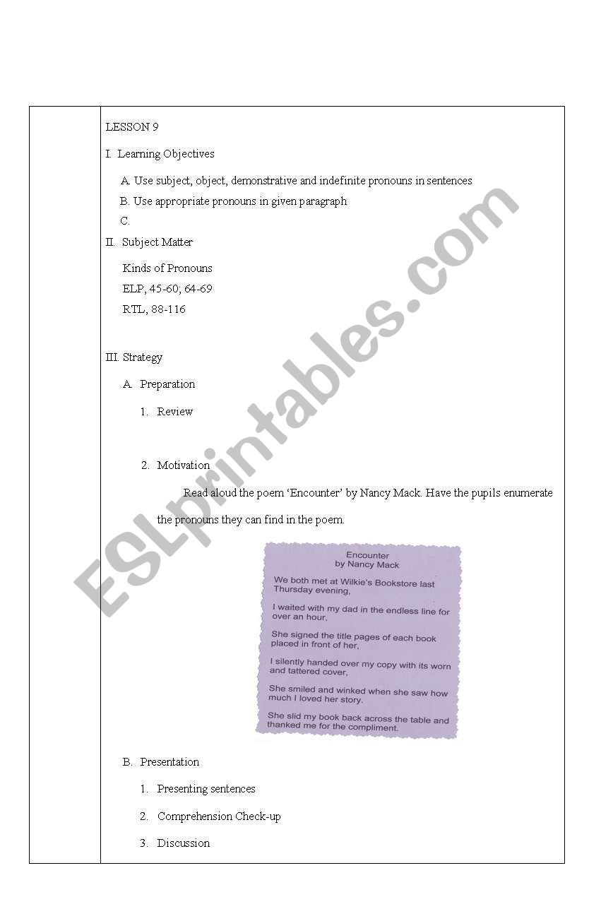 Pronoun Lesson Plan worksheet