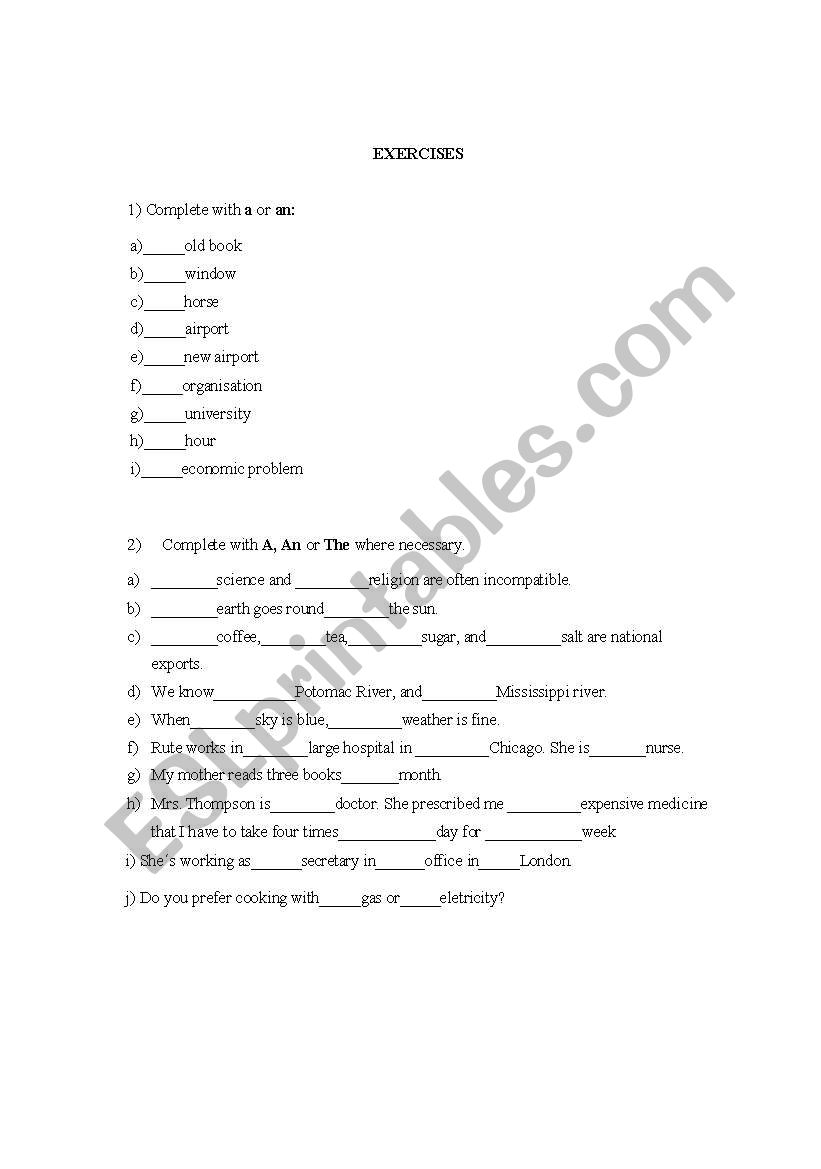 ARTICLES worksheet