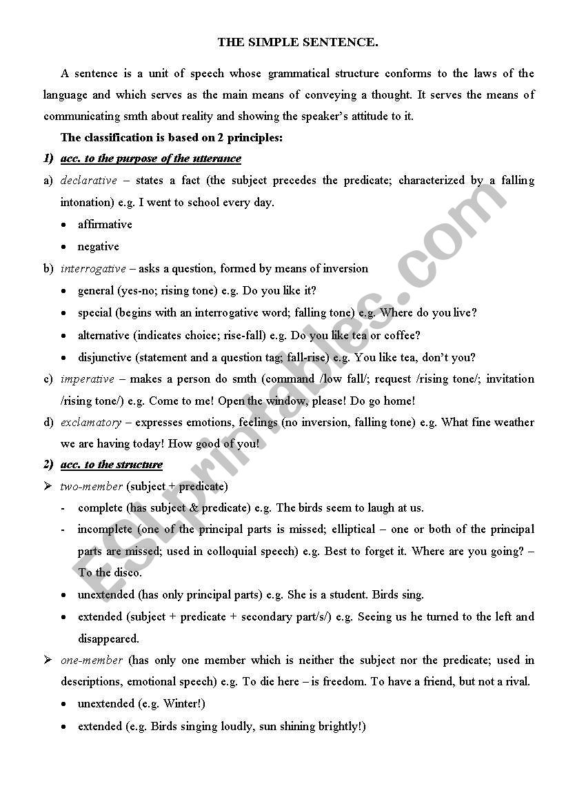 THE SIMPLE SENTENCE worksheet