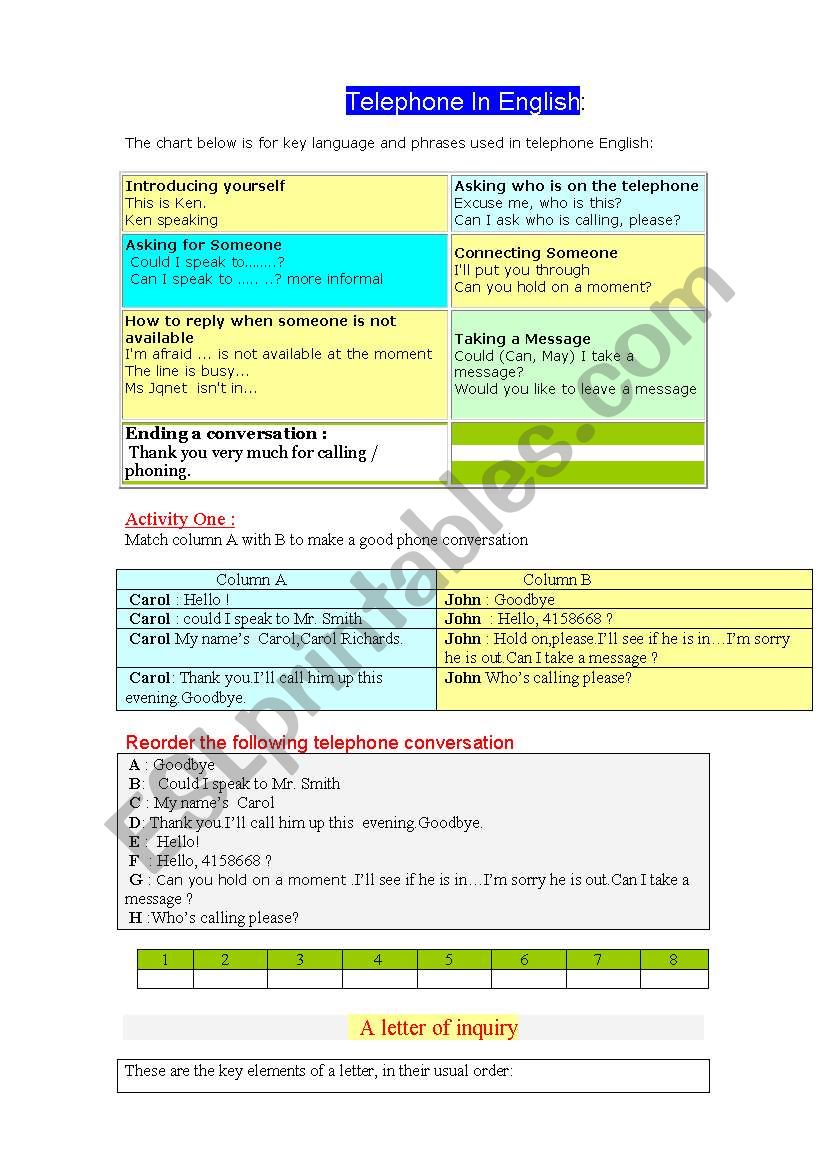 telephone in English worksheet