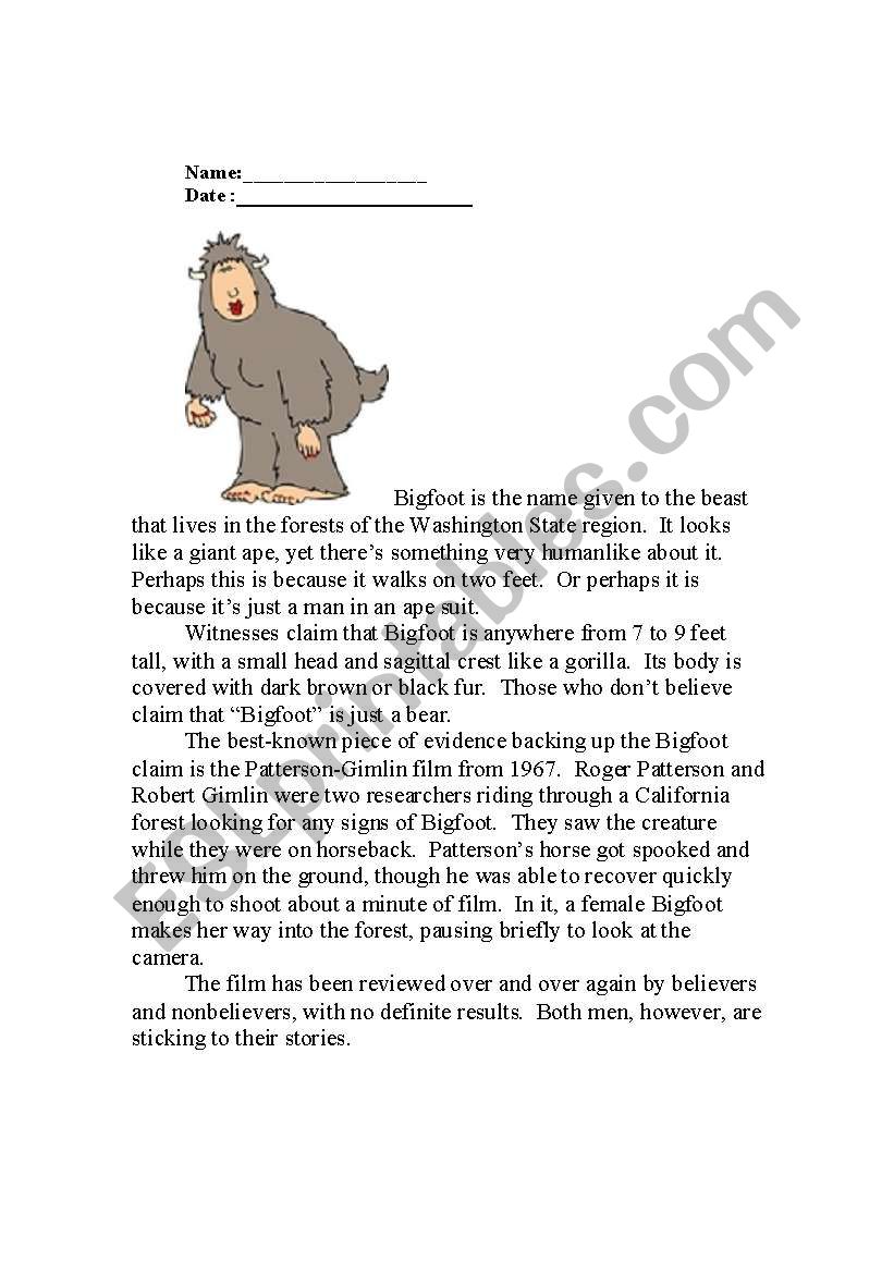 Bigfoot worksheet