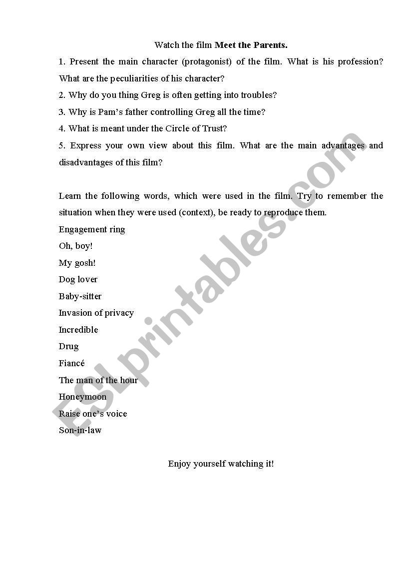 Meet the Parets worksheet