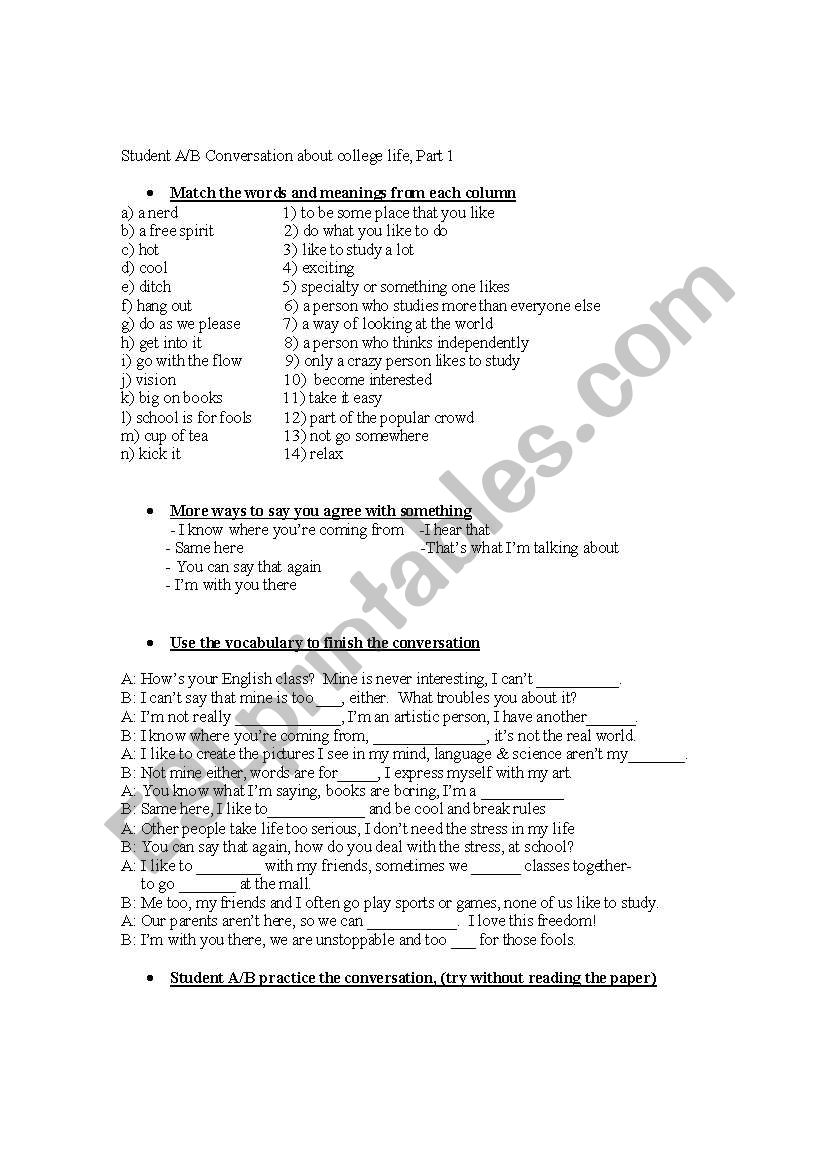 College Life 1 worksheet