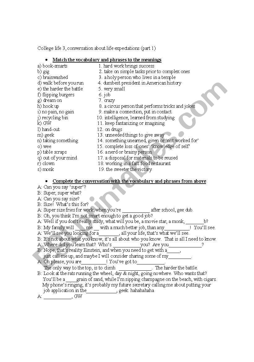 College Life 3 worksheet