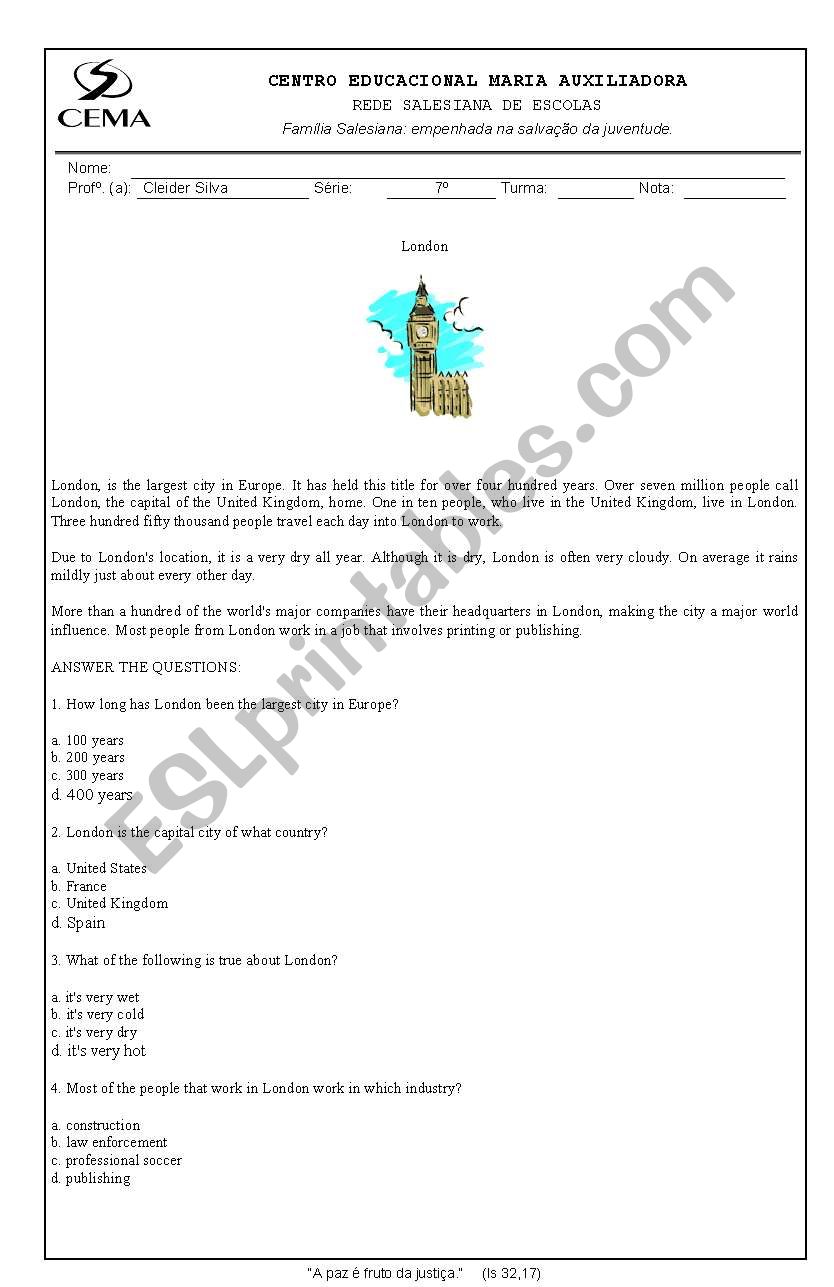 Exercise about London worksheet