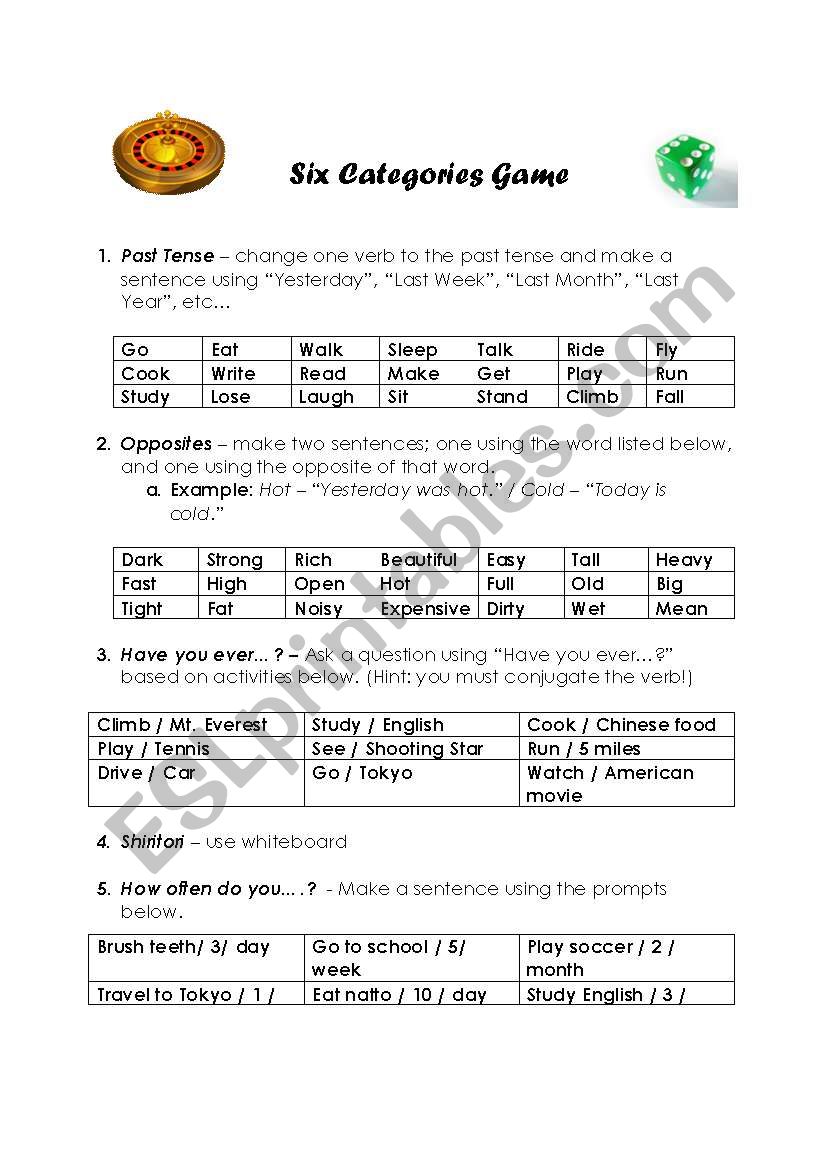 Six Categories Warm Up Game worksheet