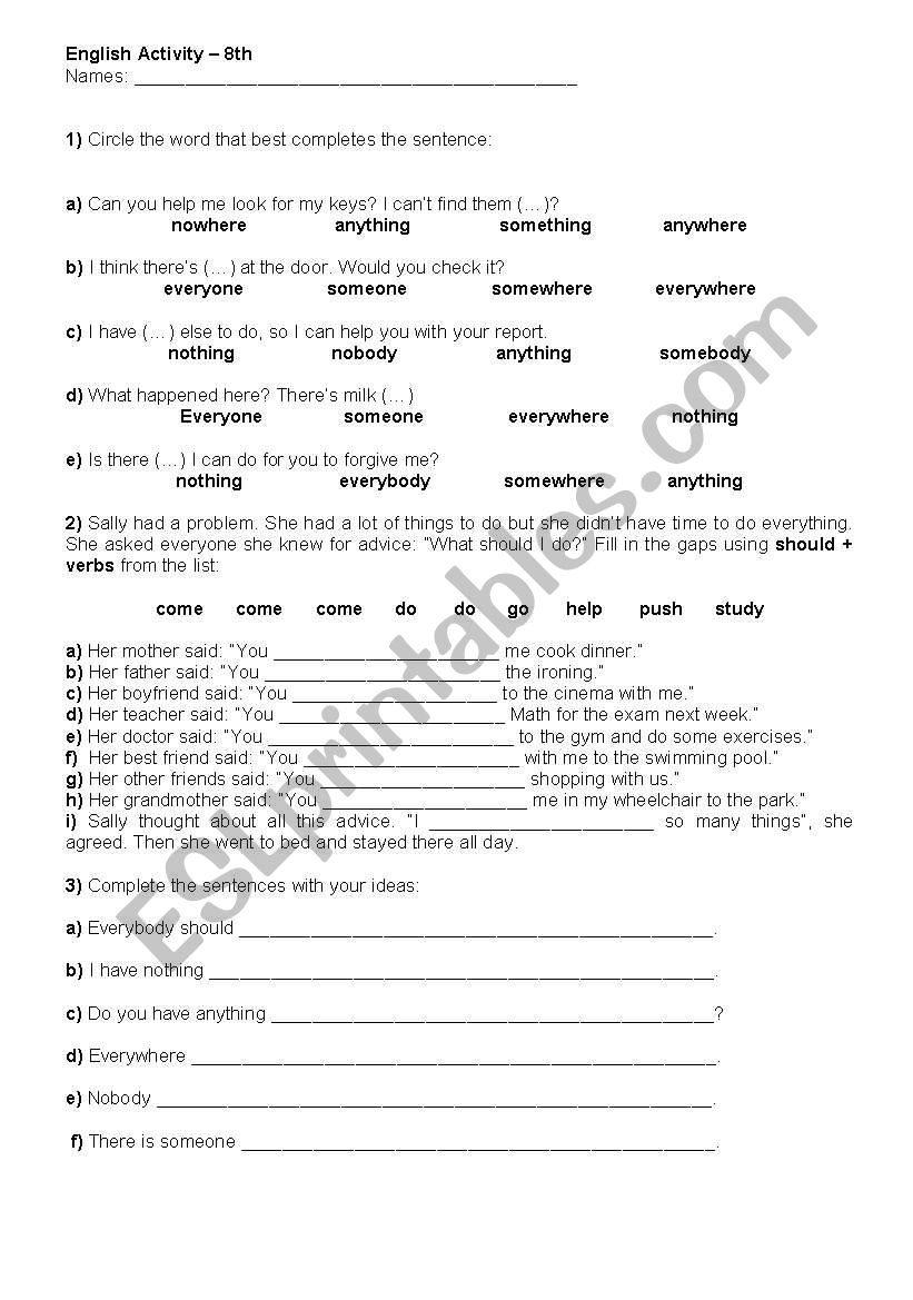 Indefinite pronouns / Should worksheet