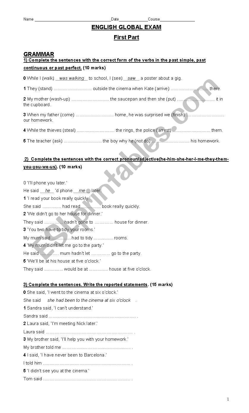 intermediate level worksheet -various grammar topics