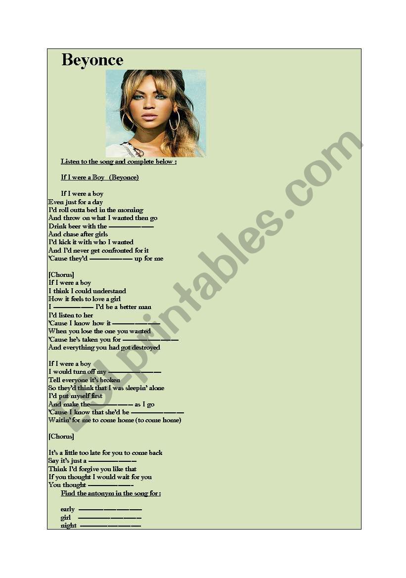 Beyonce worksheet