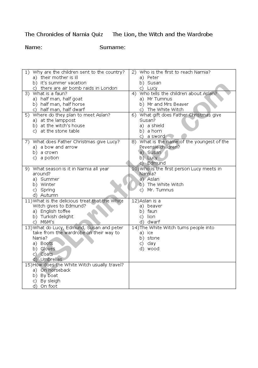 The Chronicles of Narnia Quiz -The Lion, the Witcha and the Wardrobe