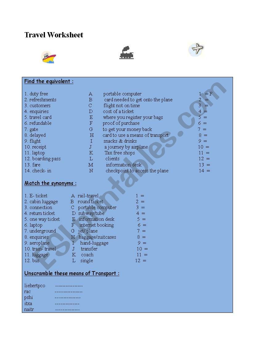 Means of Transport worksheet