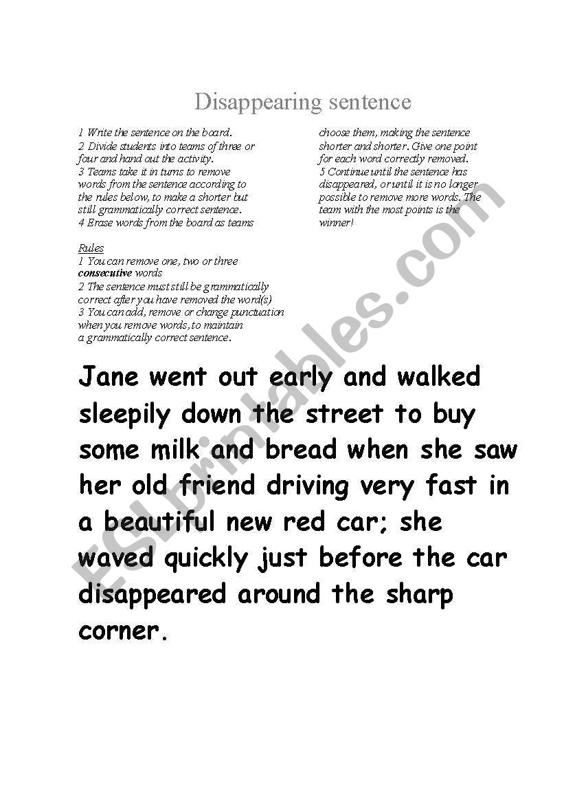 Disappearing sentence worksheet